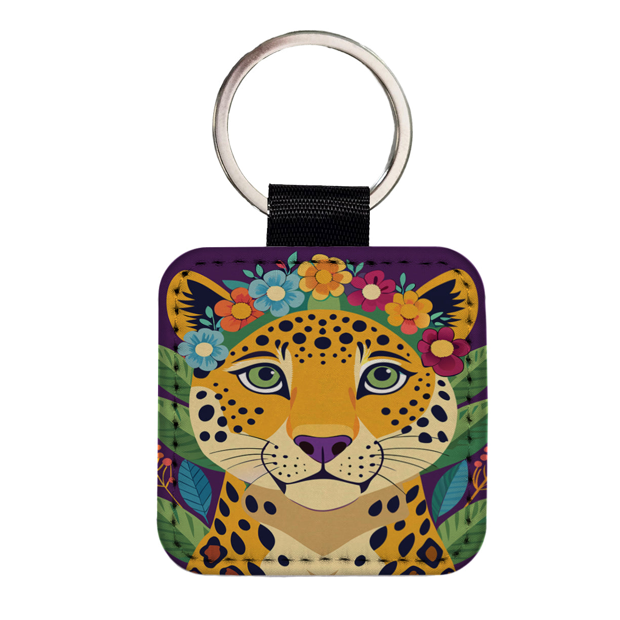 Cheetah Head Floral Flowers Square Faux Leather Keychain