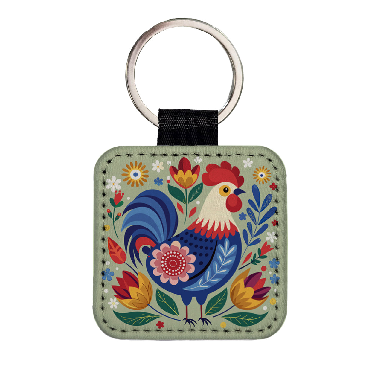 Chicken Rooster Floral Flowers Square Faux Leather Keychain