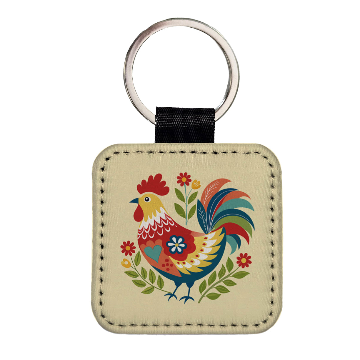 Chicken Rooster Flowers Square Faux Leather Keychain