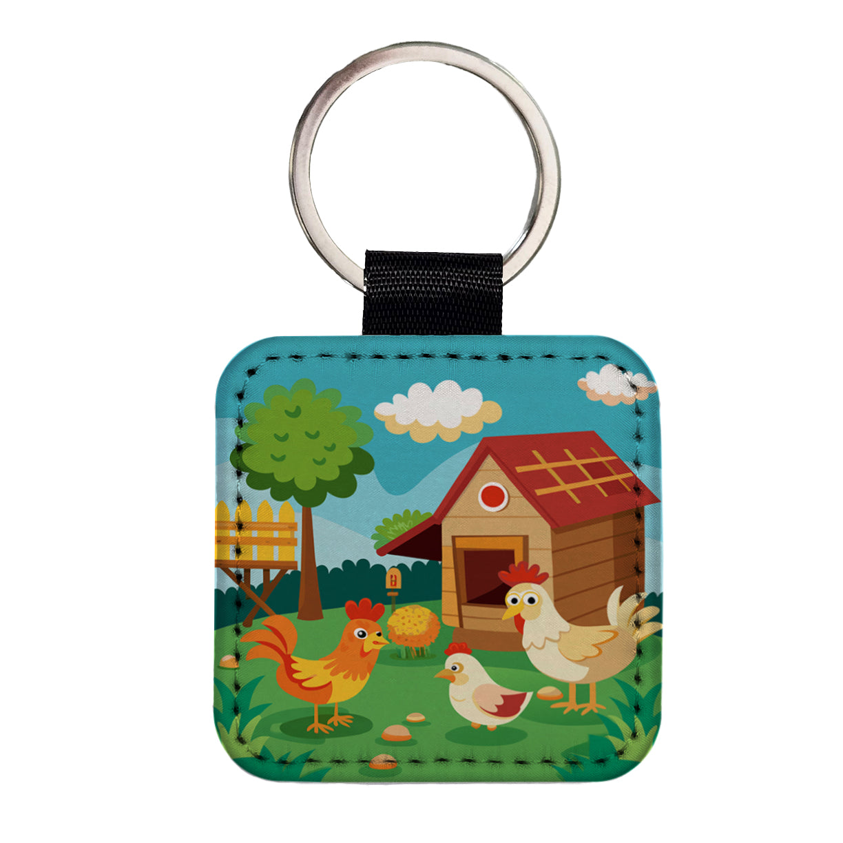 Chickens and Coop Cute Square Faux Leather Keychain