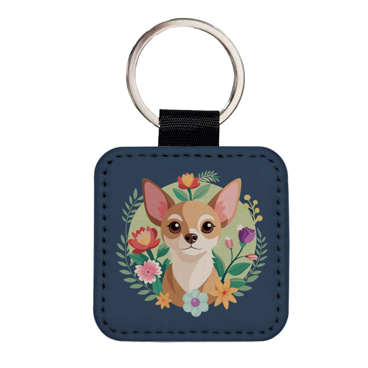 Chihuahua Dog Floral Flowers Square Faux Leather Keychain