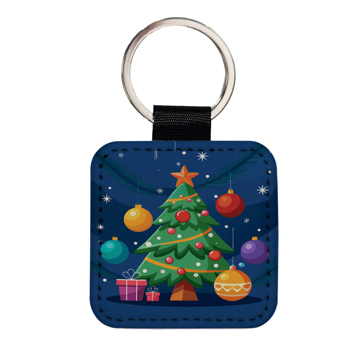 Christmas Tree and Ornaments Modern Square Faux Leather Keychain
