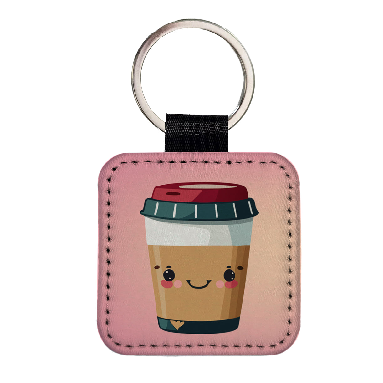 Coffee Travel Mug Smiling Square Faux Leather Keychain