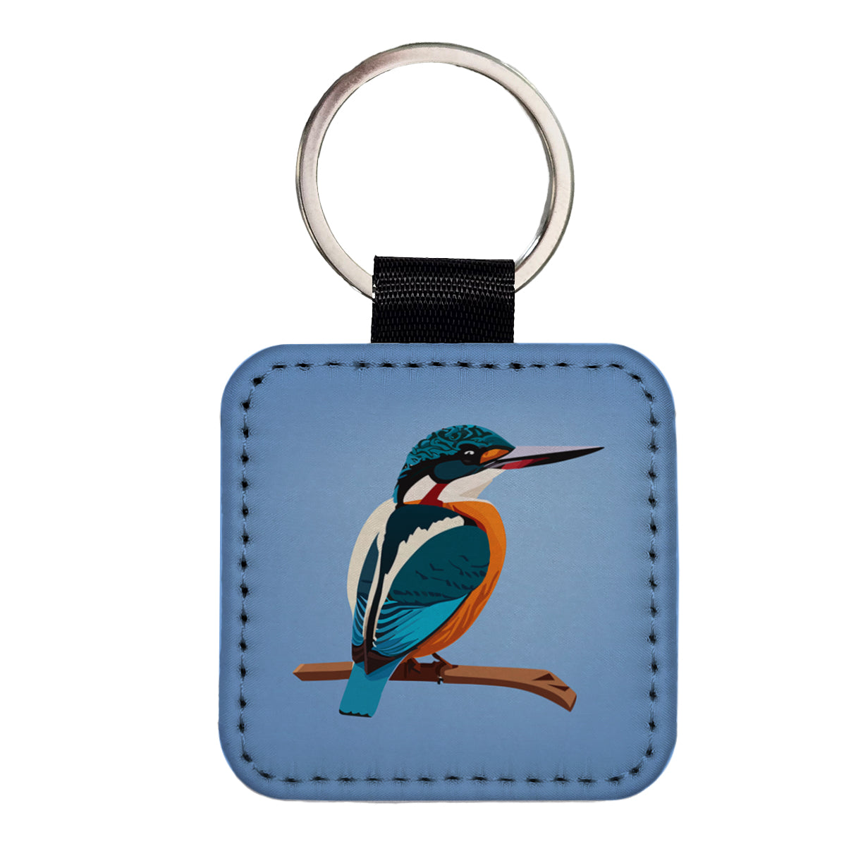 Common Kingfisher Bird Square Faux Leather Keychain