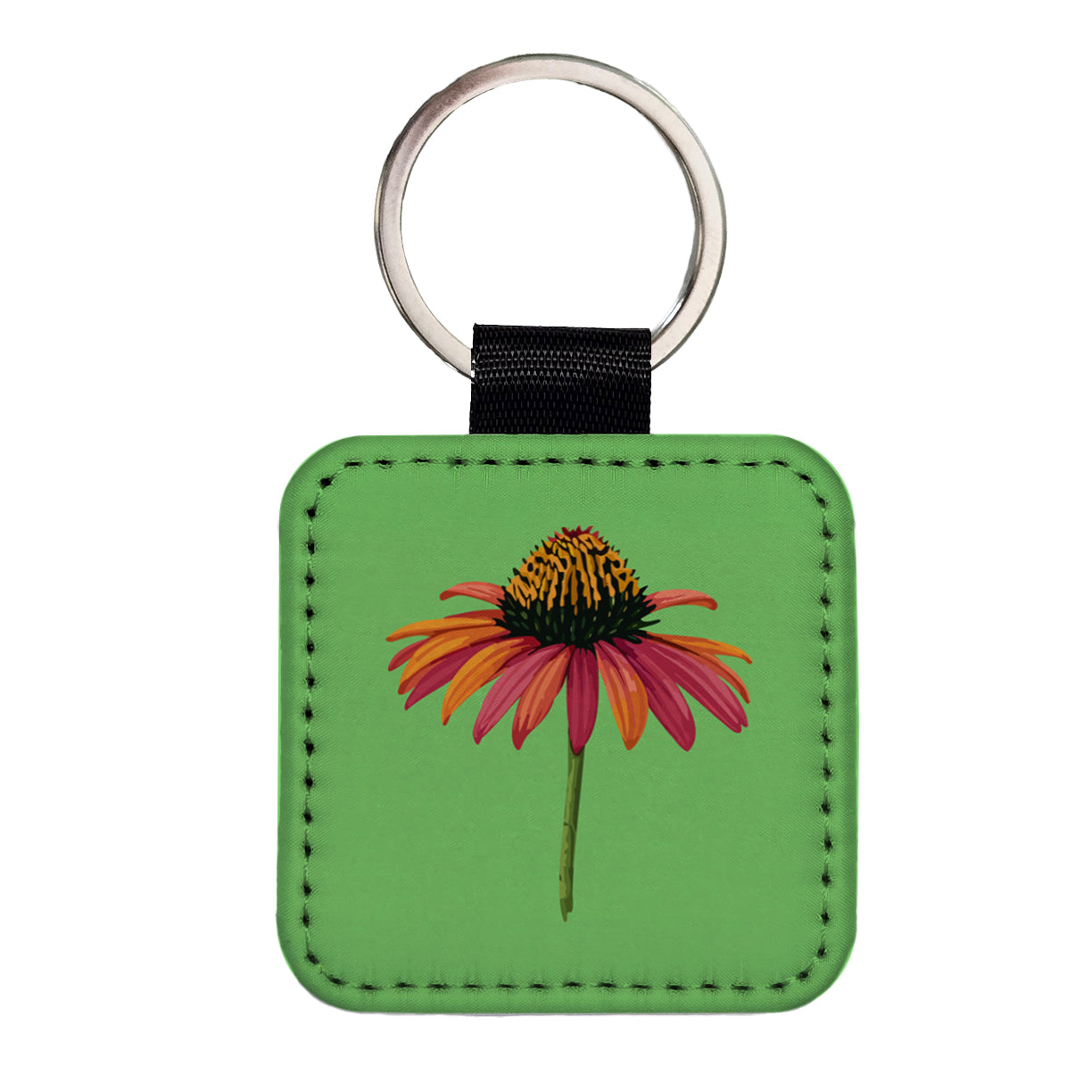 Coneflower Flower Watercolor Square Faux Leather Keychain