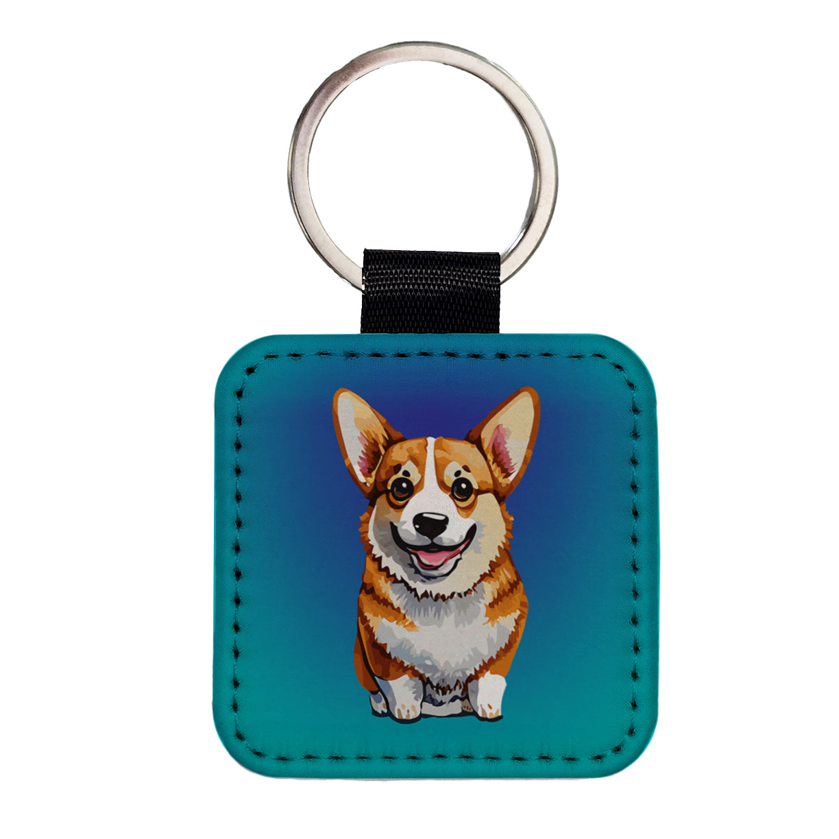 Corgi Dog Watercolor Happy Square Faux Leather Keychain