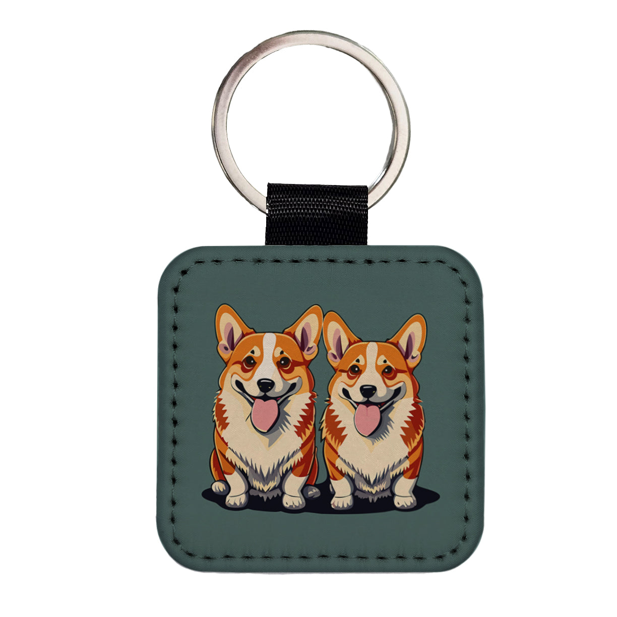 Corgis Dog Friends Brother Sister Two 2 Square Faux Leather Keychain