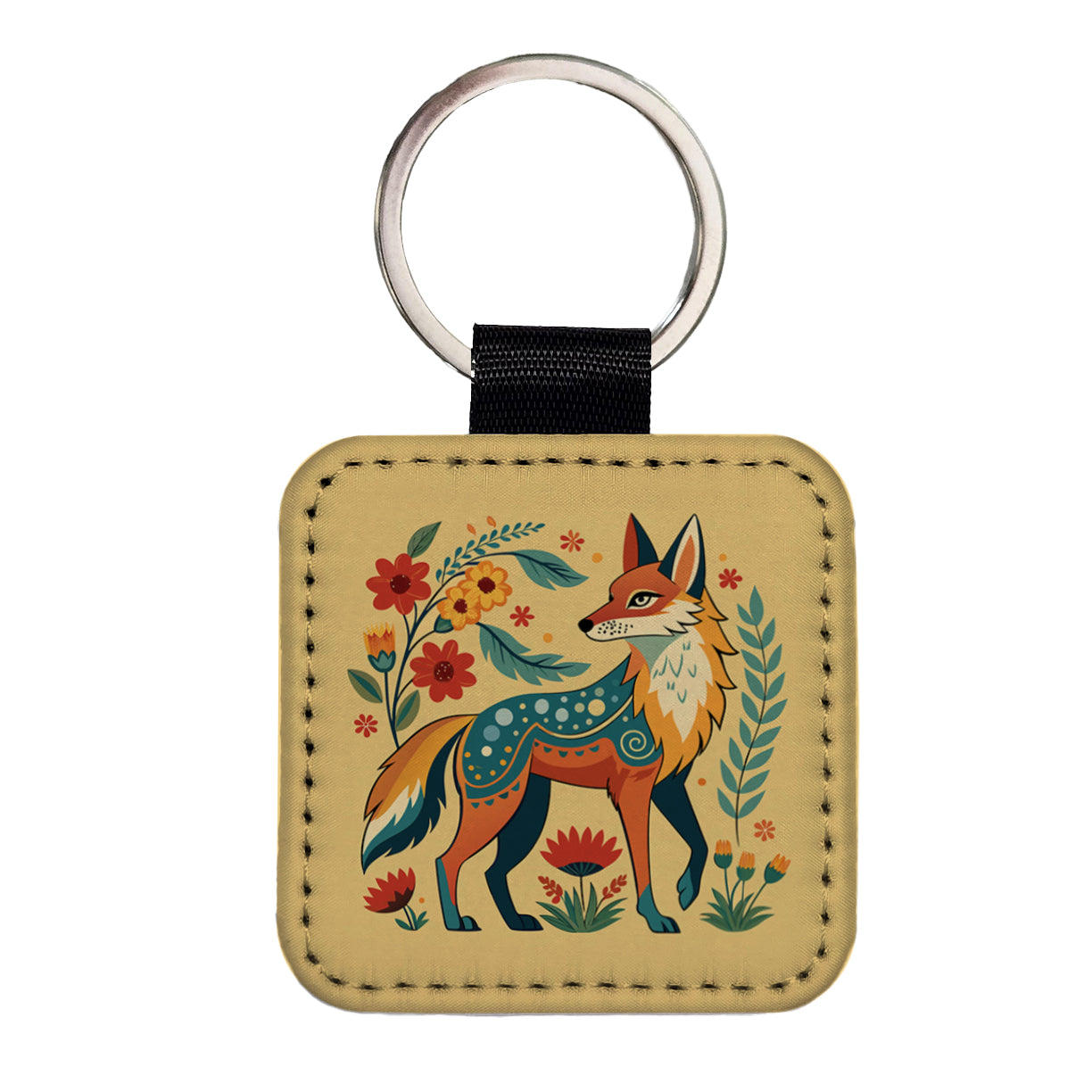 Coyote Floral Flowers Square Faux Leather Keychain