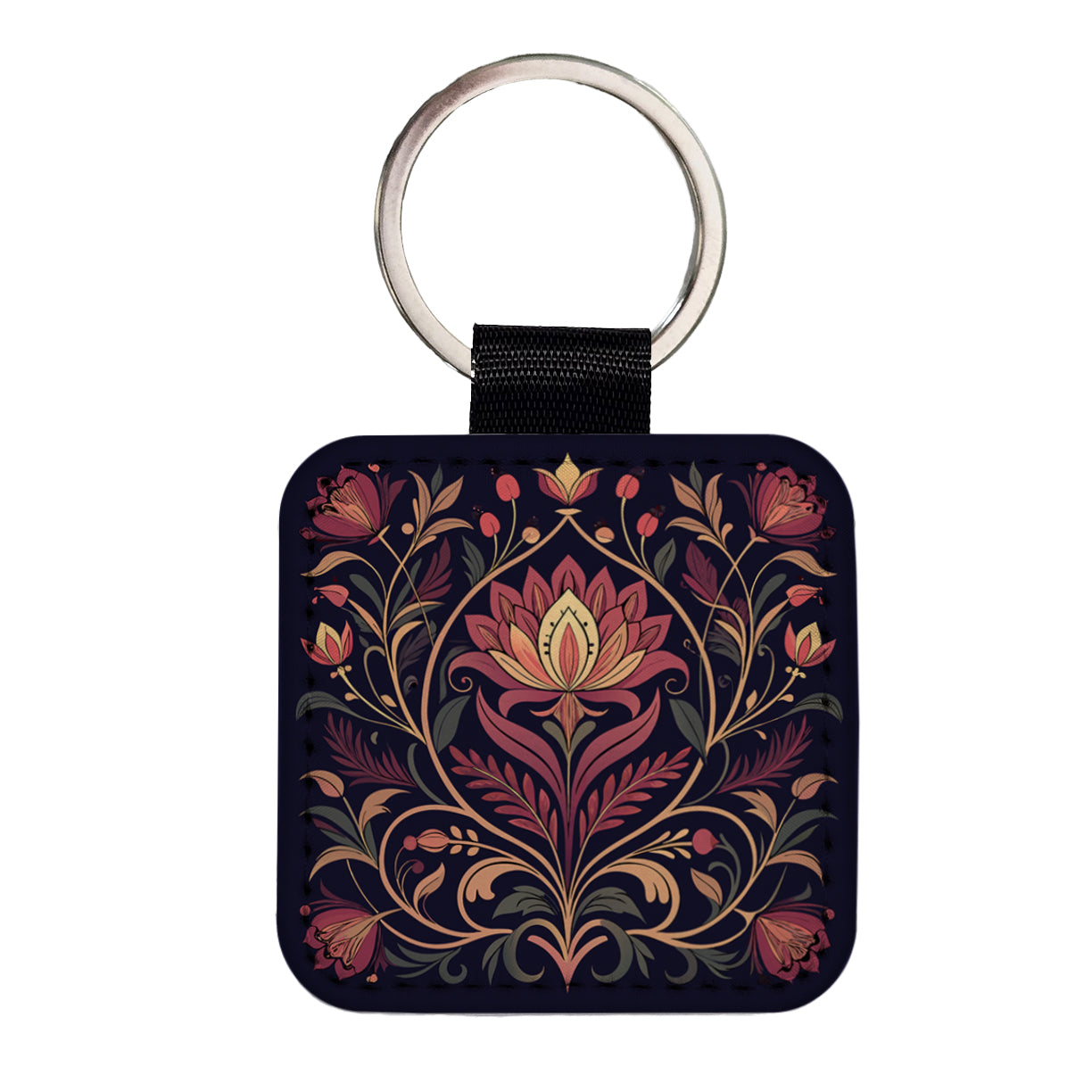 Dark Floral Art Nouveau Flowers Elegant Square Faux Leather Keychain