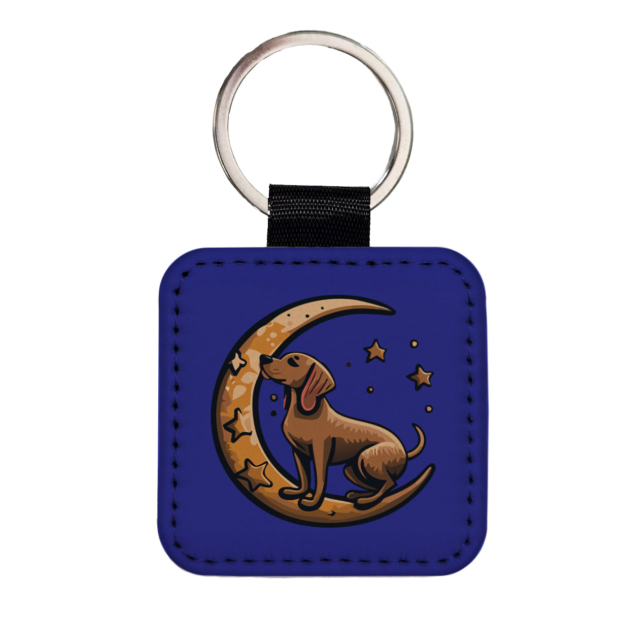 Dog on Crescent Moon Stars Cute Square Faux Leather Keychain