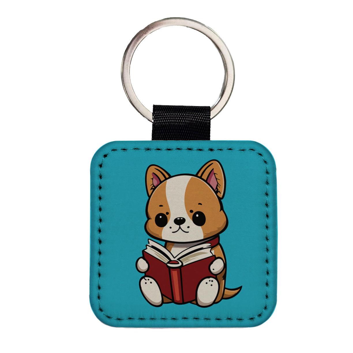 Dog Reading Book Square Faux Leather Keychain