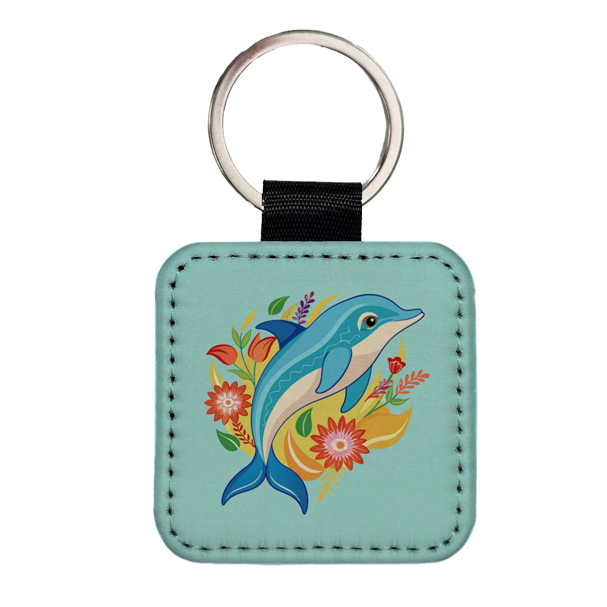 Dolphin Floral Flowers Square Faux Leather Keychain