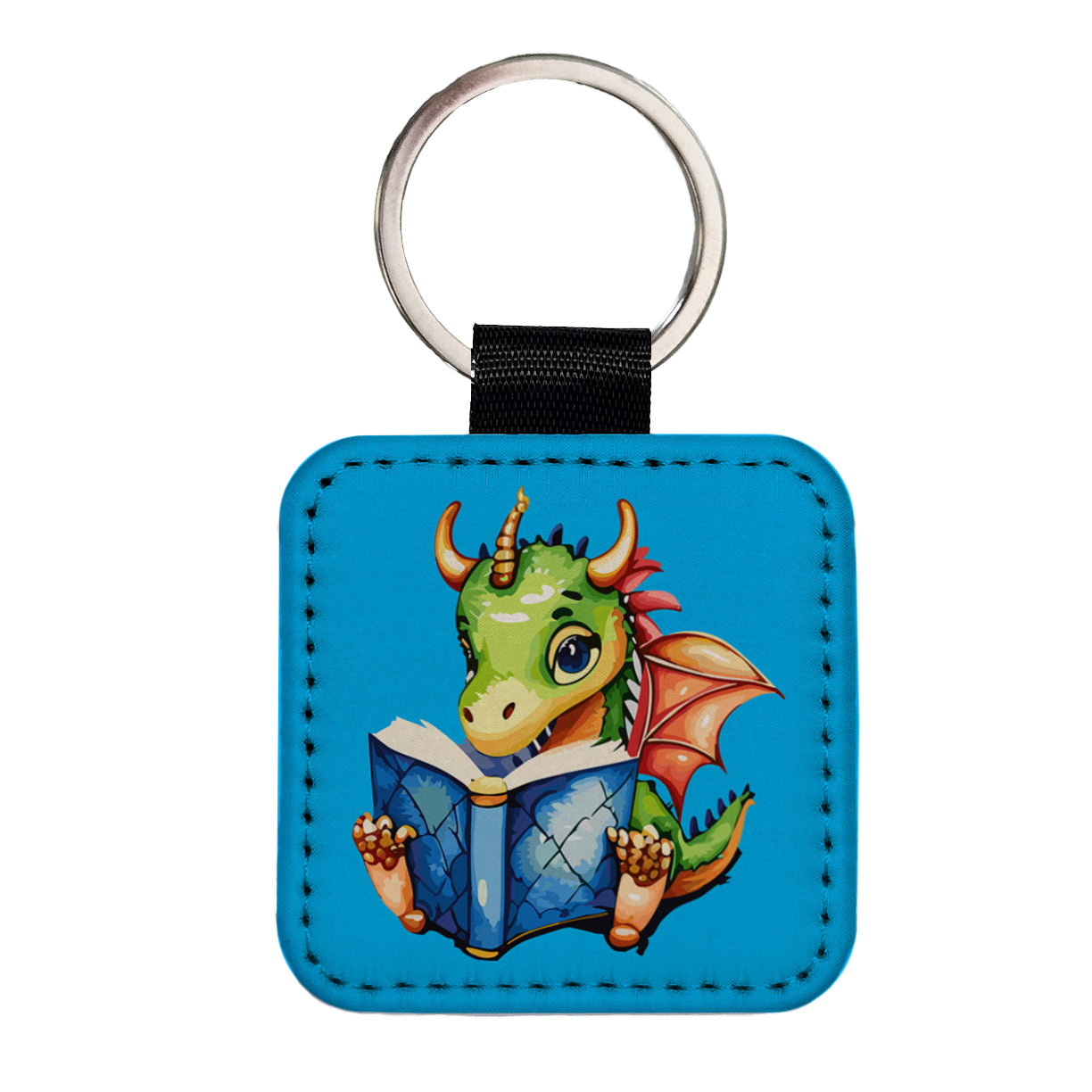 Dragon Reading Book Reader Square Faux Leather Keychain