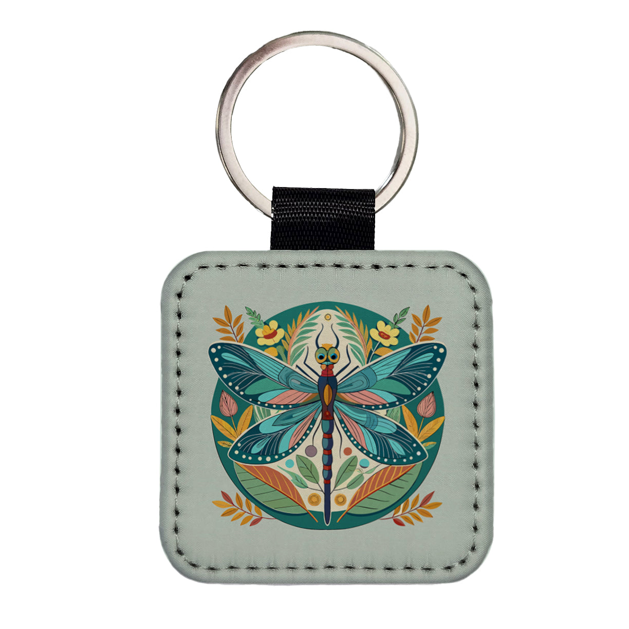Dragonfly Floral Flowers Square Faux Leather Keychain