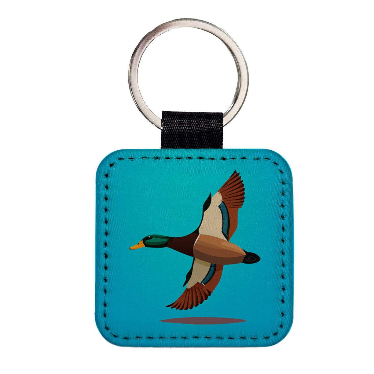Duck Mallard Flying Hunting Square Faux Leather Keychain