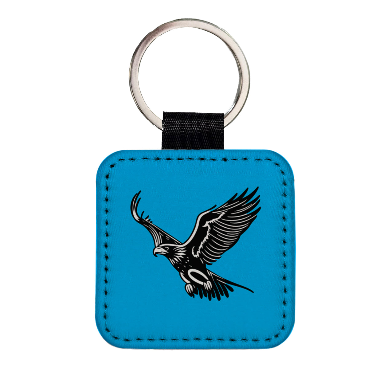 Eagle Flying Black White Square Faux Leather Keychain