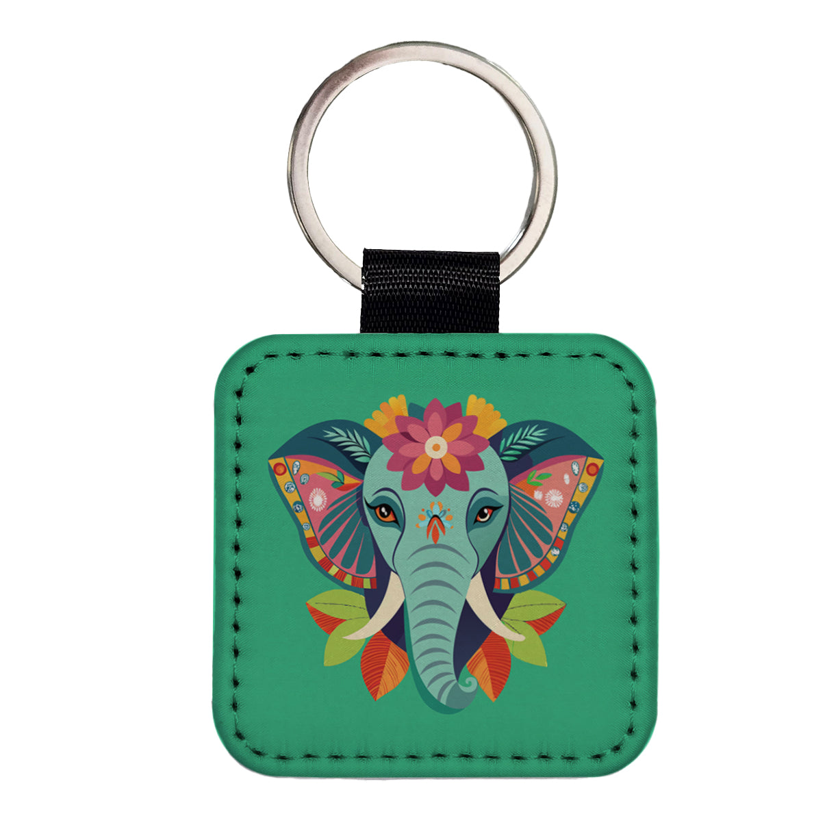 Elephant Head Floral Flowers Square Faux Leather Keychain