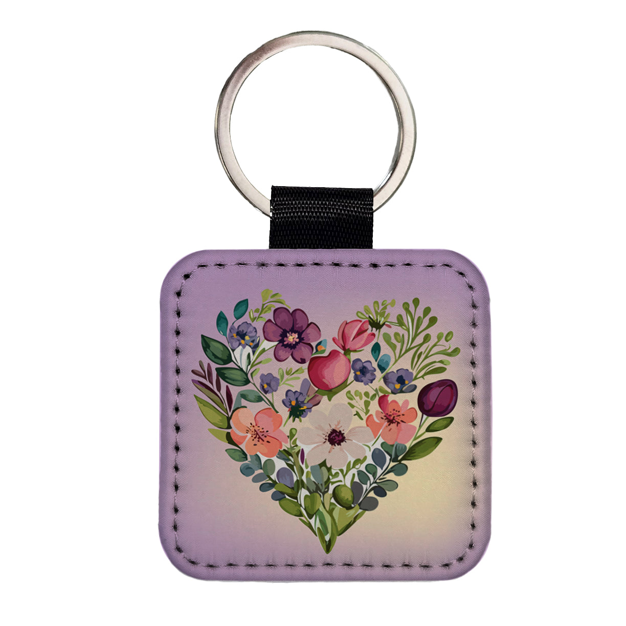Flower Heart Floral Elegant Wedding Square Faux Leather Keychain