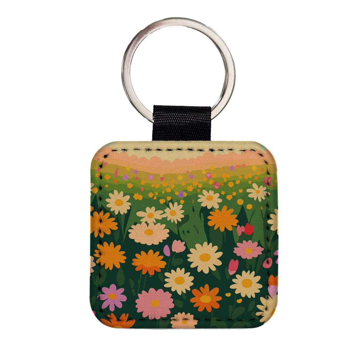 Flowers in Meadow Floral Square Faux Leather Keychain