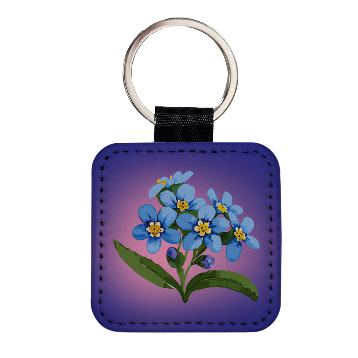 Forget Me Not Flowers Blue Watercolor Square Faux Leather Keychain