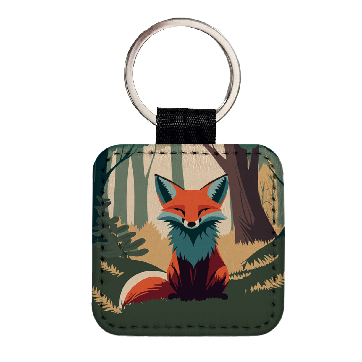 Fox in Forest Woodland Wilderness Square Faux Leather Keychain