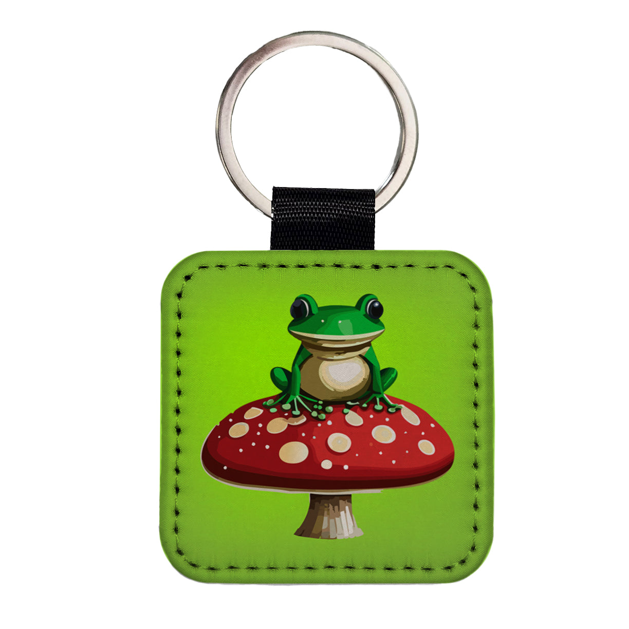 Frog on Red Toadstool Mushroom Square Faux Leather Keychain
