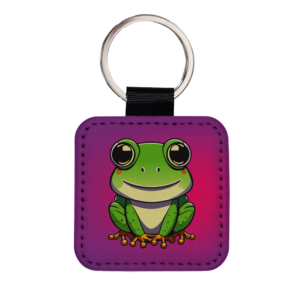 Frog Smiling Square Faux Leather Keychain