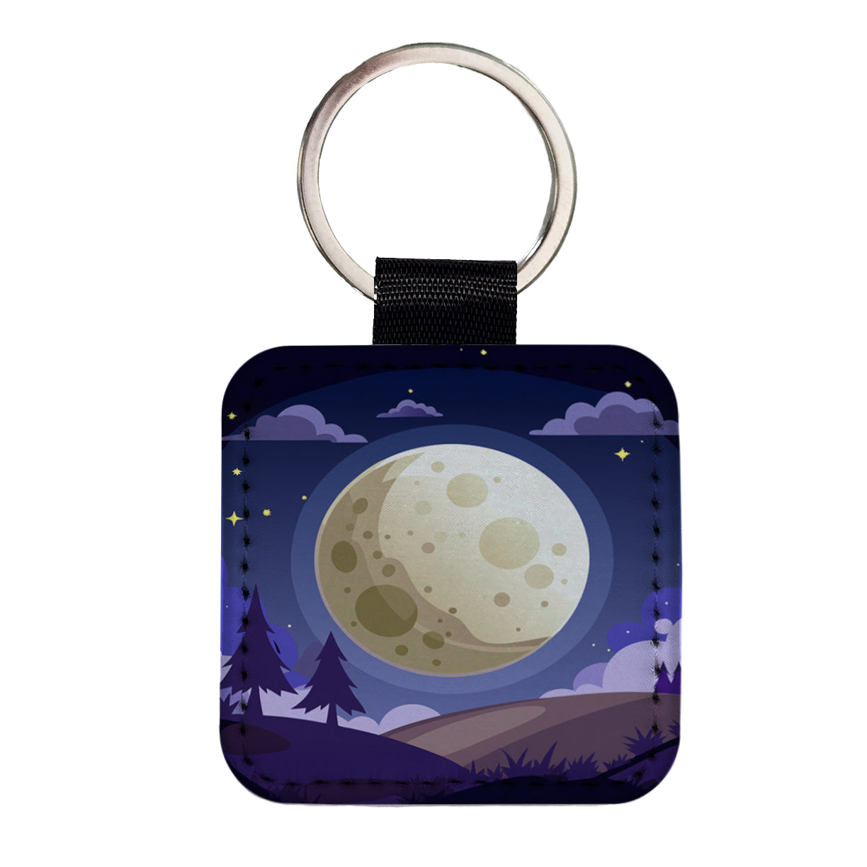 Full Moon at Night Square Faux Leather Keychain