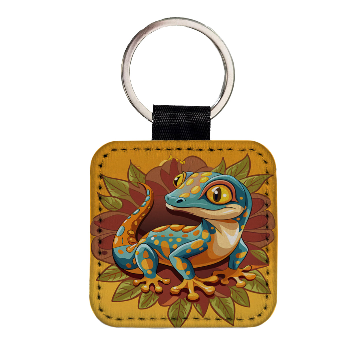 Gecko Lizard Cute Square Faux Leather Keychain