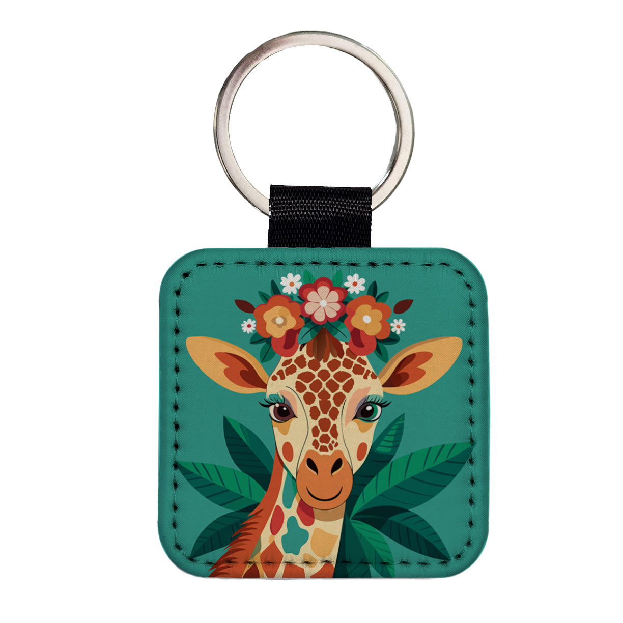 Giraffe Head Floral Flowers Square Faux Leather Keychain
