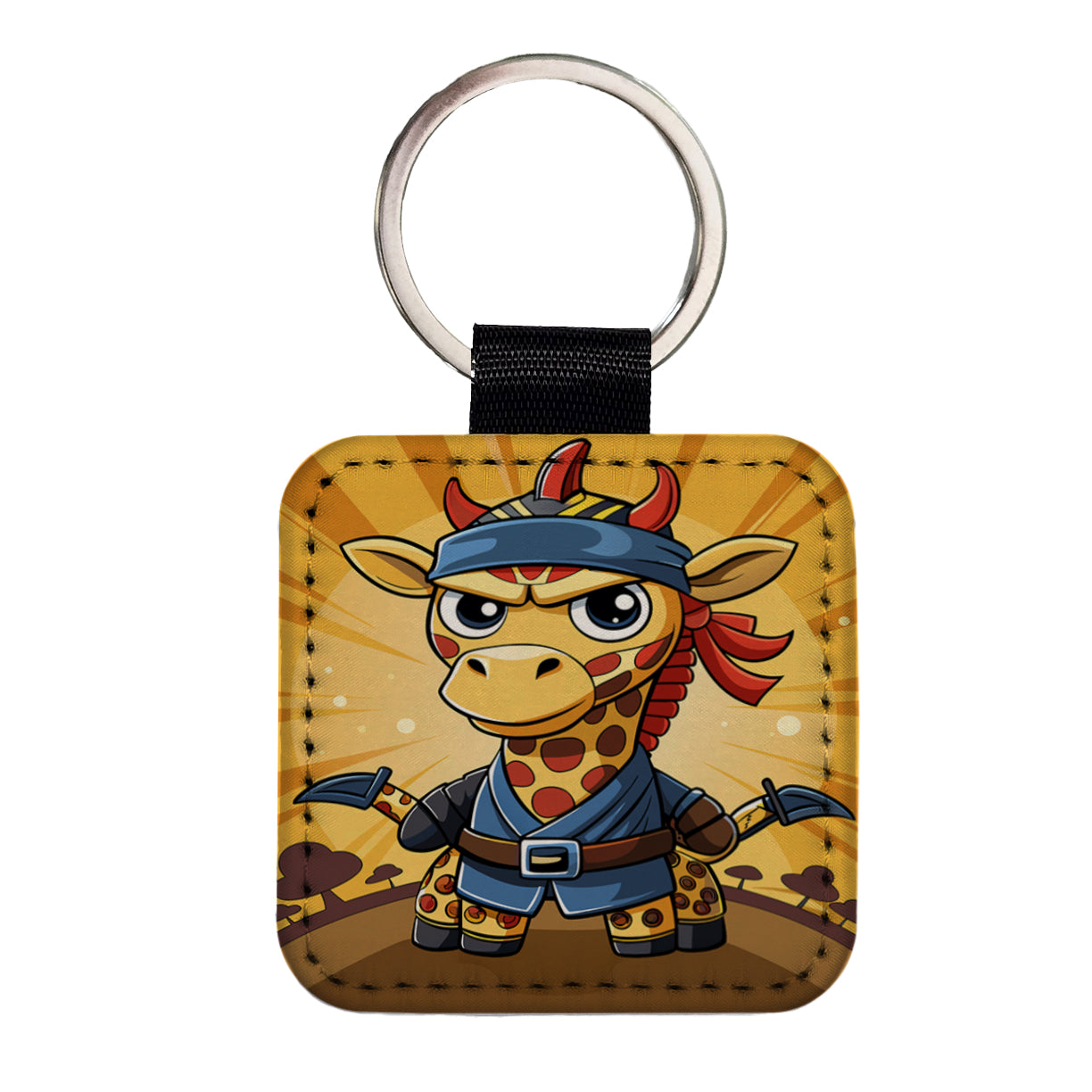 Giraffe Ninja Funny Square Faux Leather Keychain
