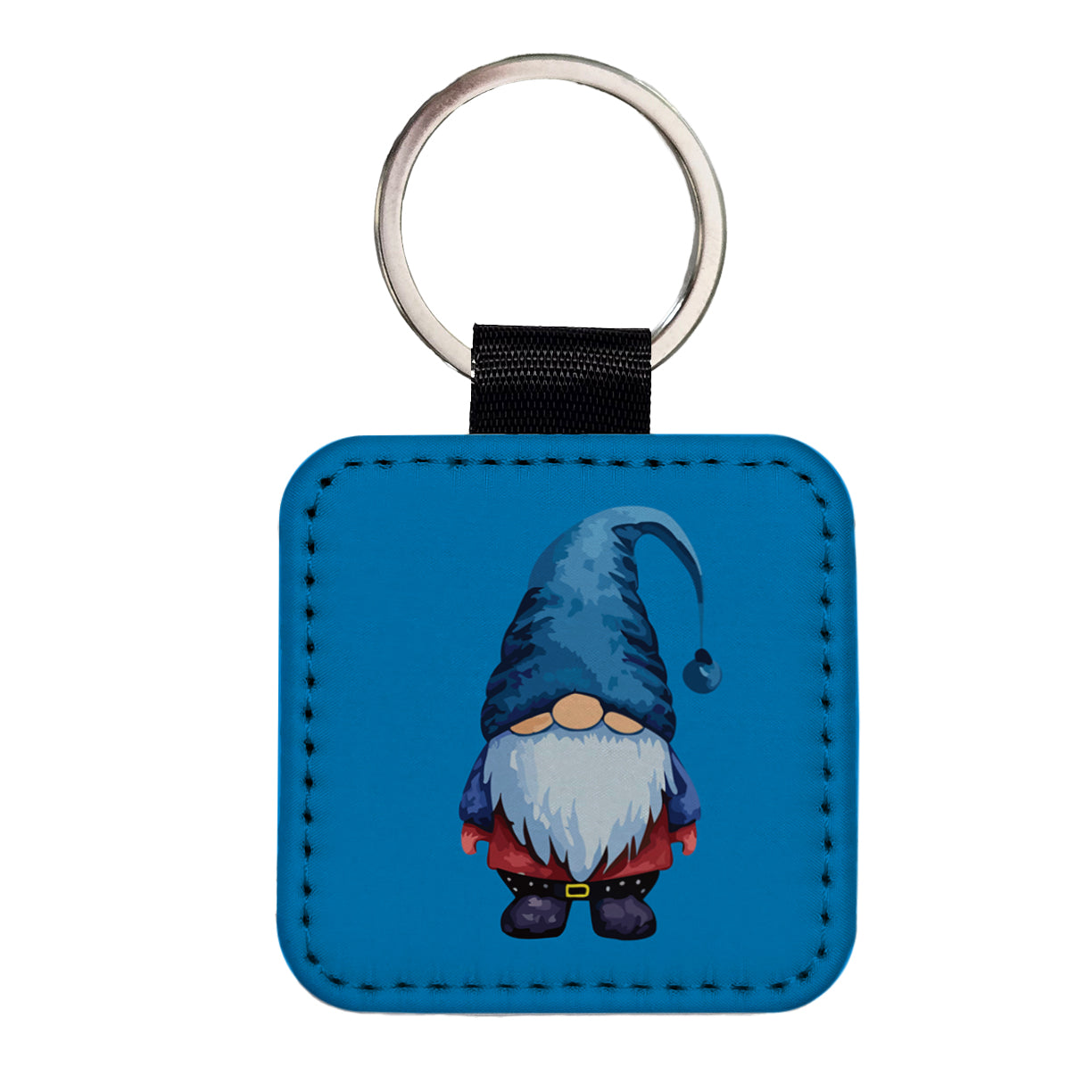Gnome Standing Blue Hat Square Faux Leather Keychain
