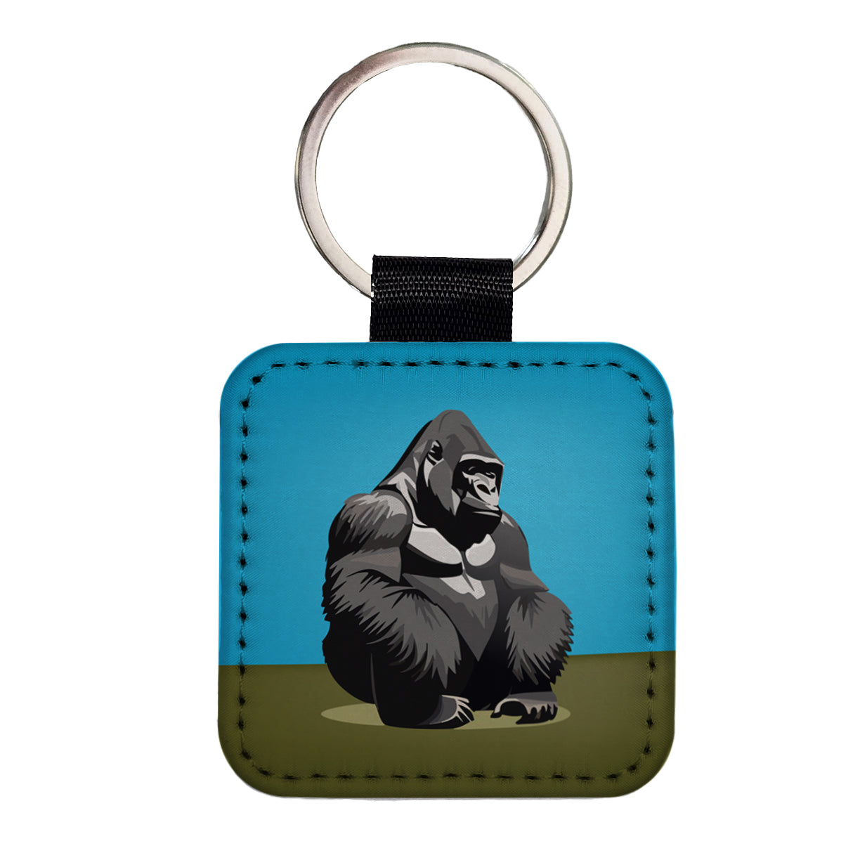 Gorilla Sitting Square Faux Leather Keychain