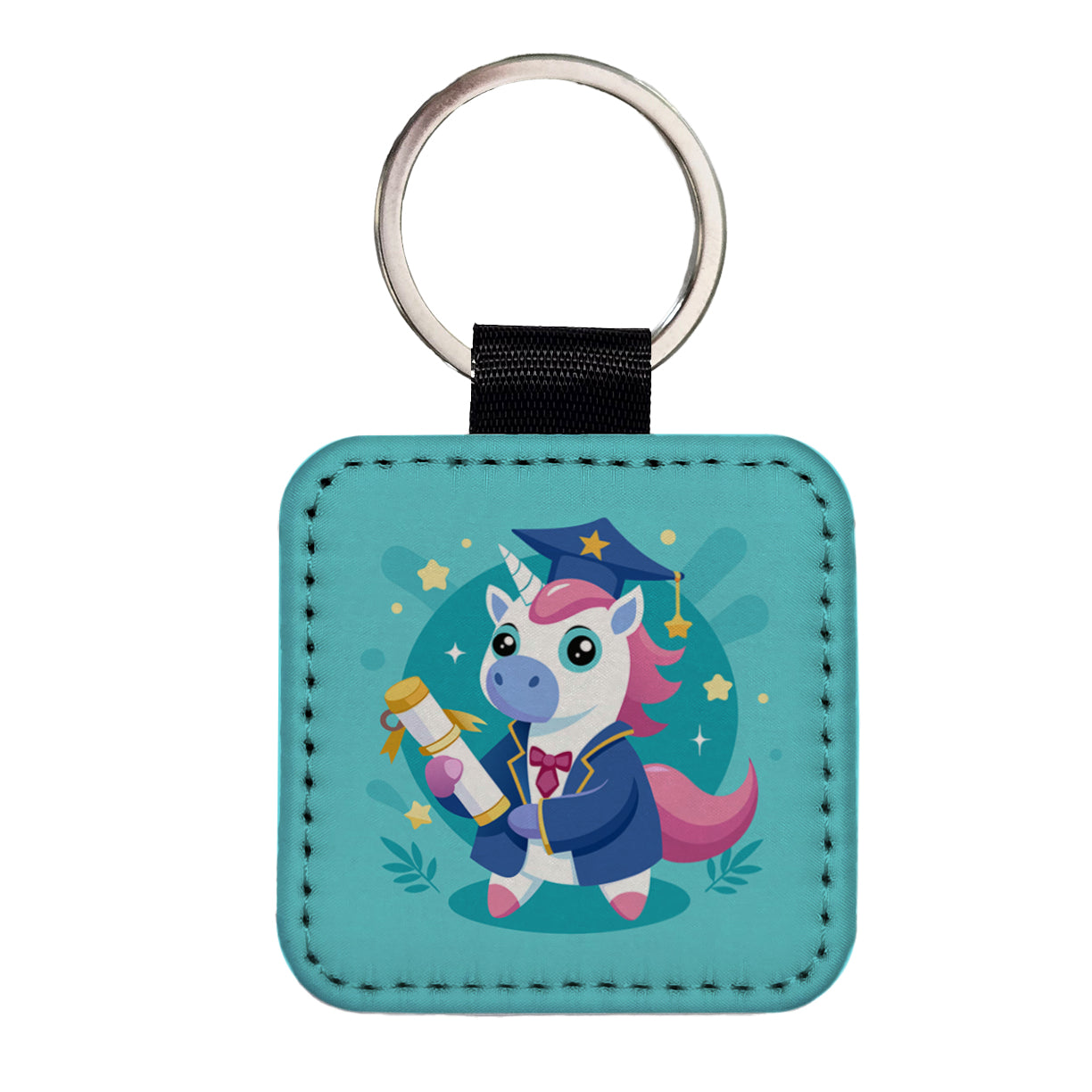 Graduate Unicorn Graduation Square Faux Leather Keychain