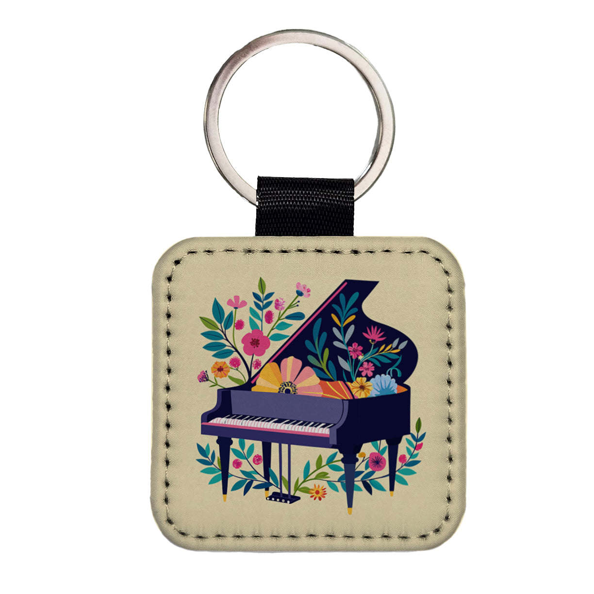 Grand Piano Music Floral Motif Square Faux Leather Keychain