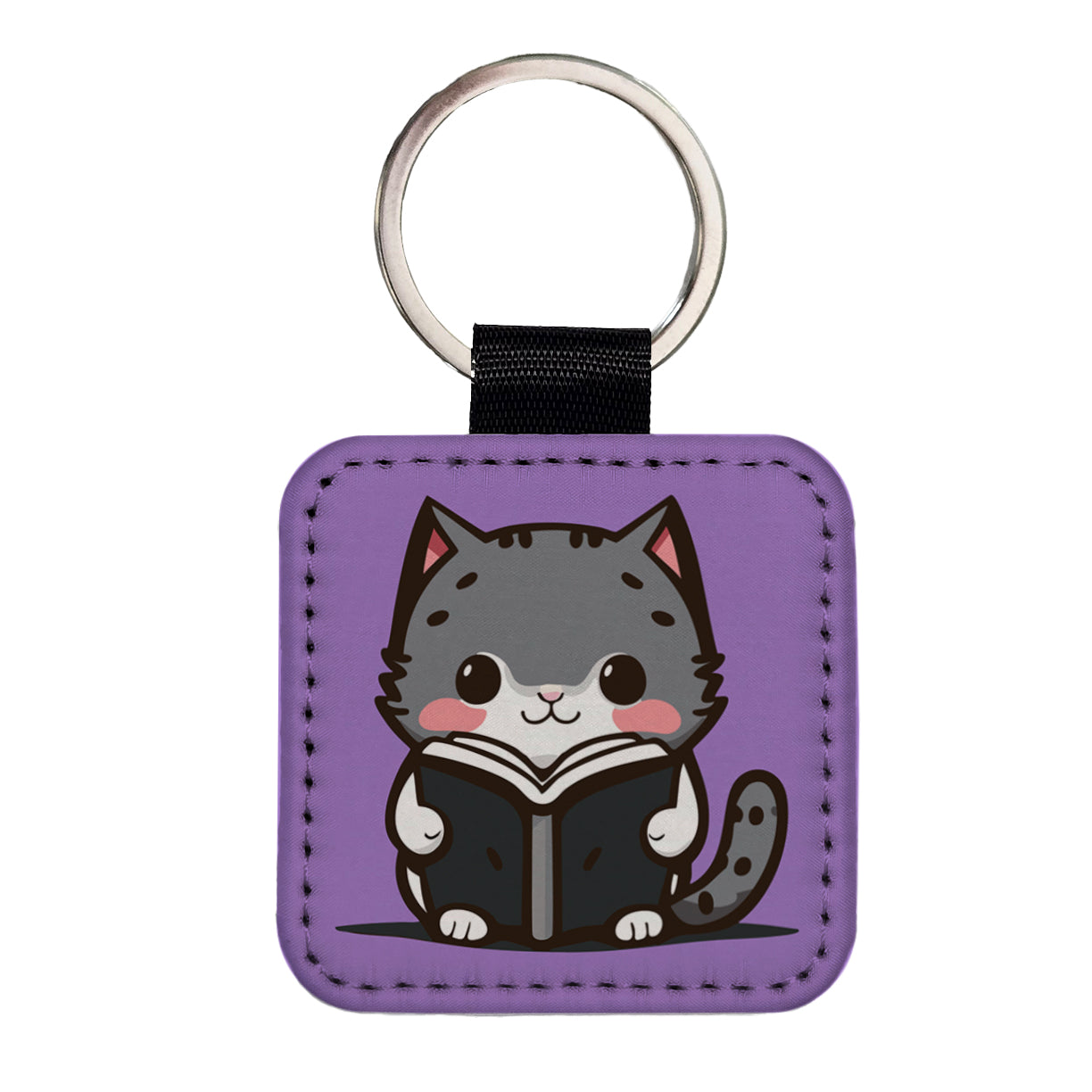 Gray Cat Reading Book Square Faux Leather Keychain