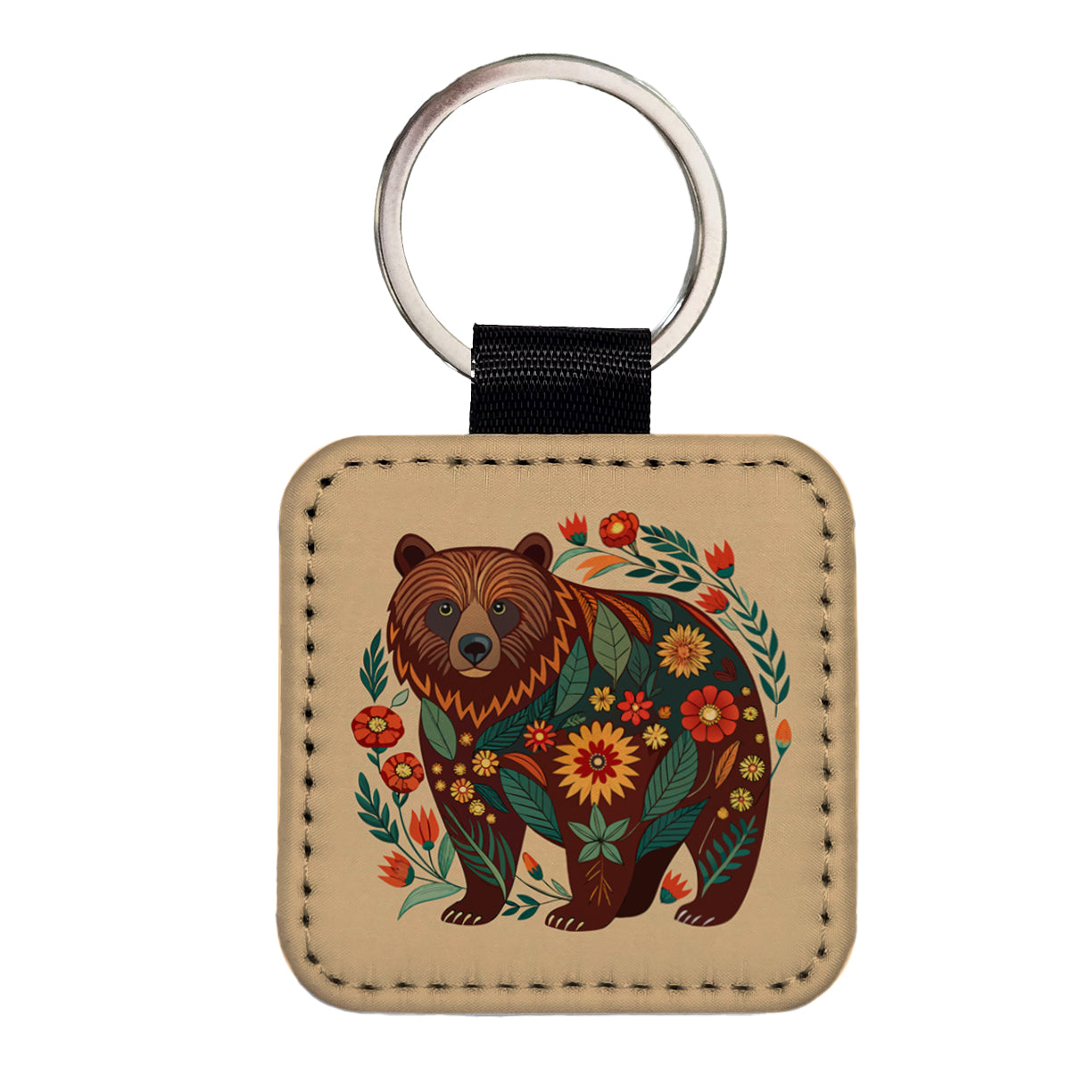 Grizzly Bear Floral Motif Square Faux Leather Keychain