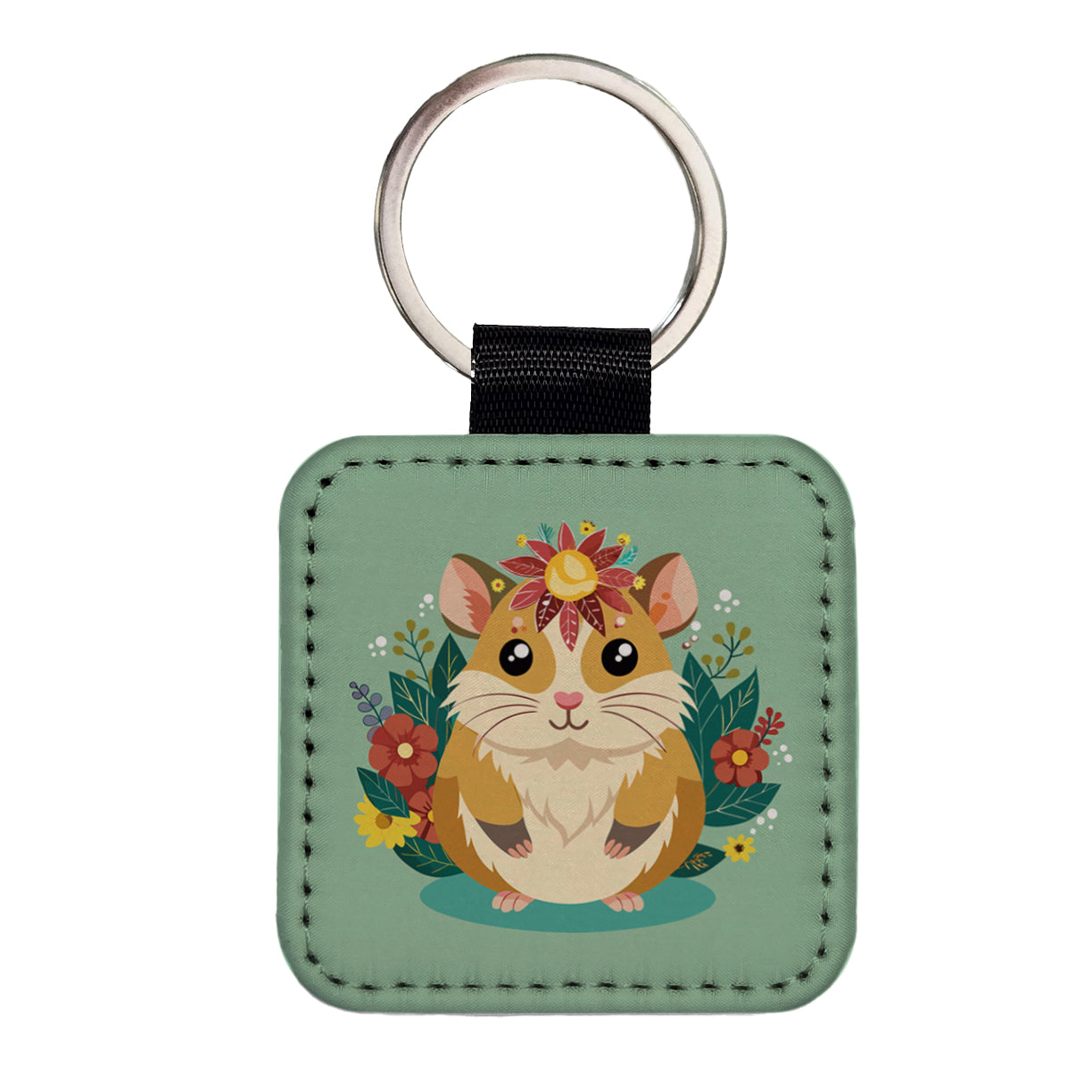 Hamster Floral Flowers Square Faux Leather Keychain