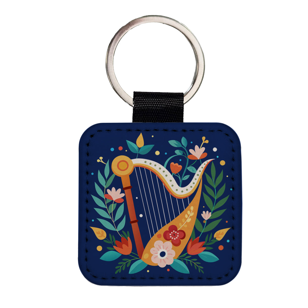 Harp Music Floral Motif Square Faux Leather Keychain