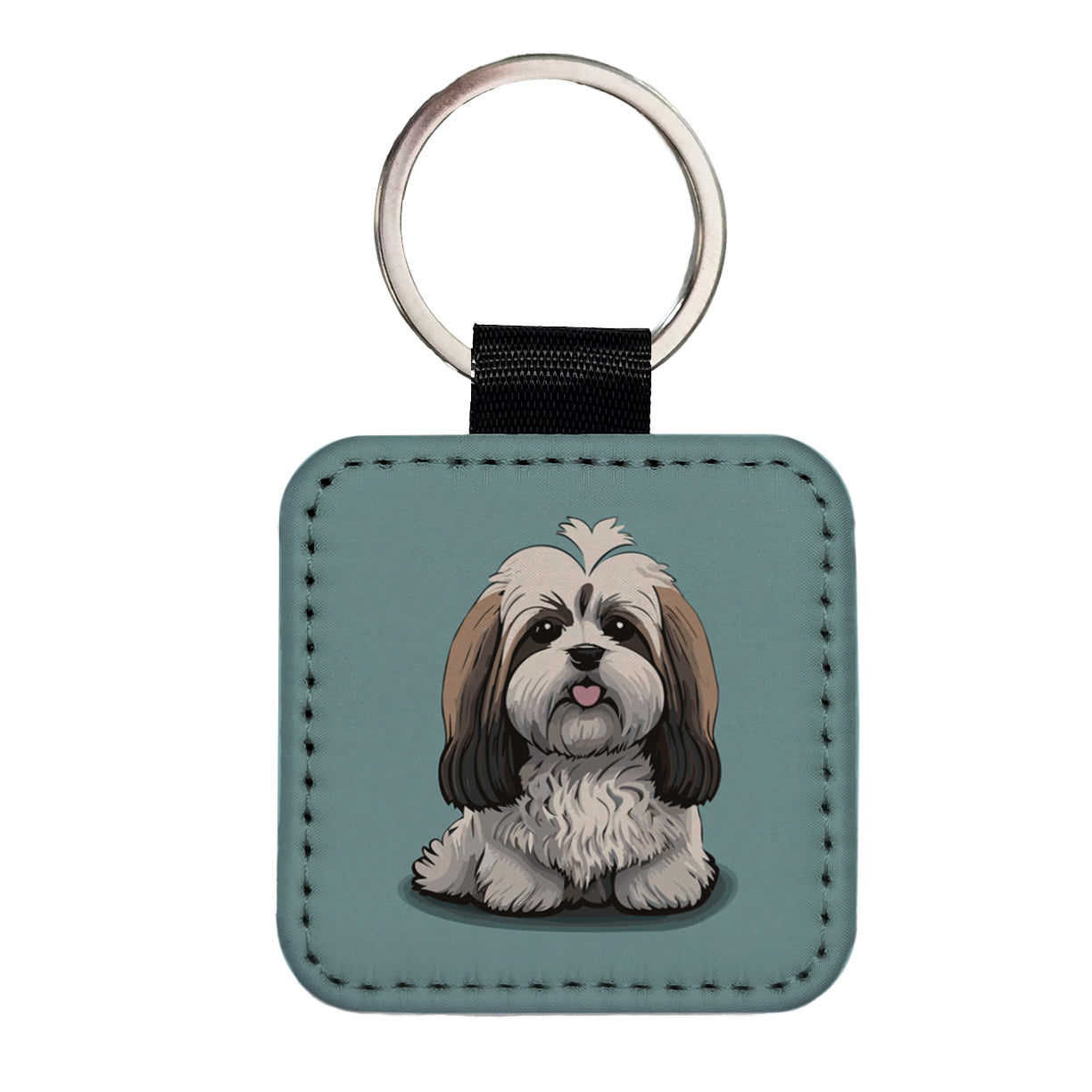 Havanese Dog Sitting Square Faux Leather Keychain