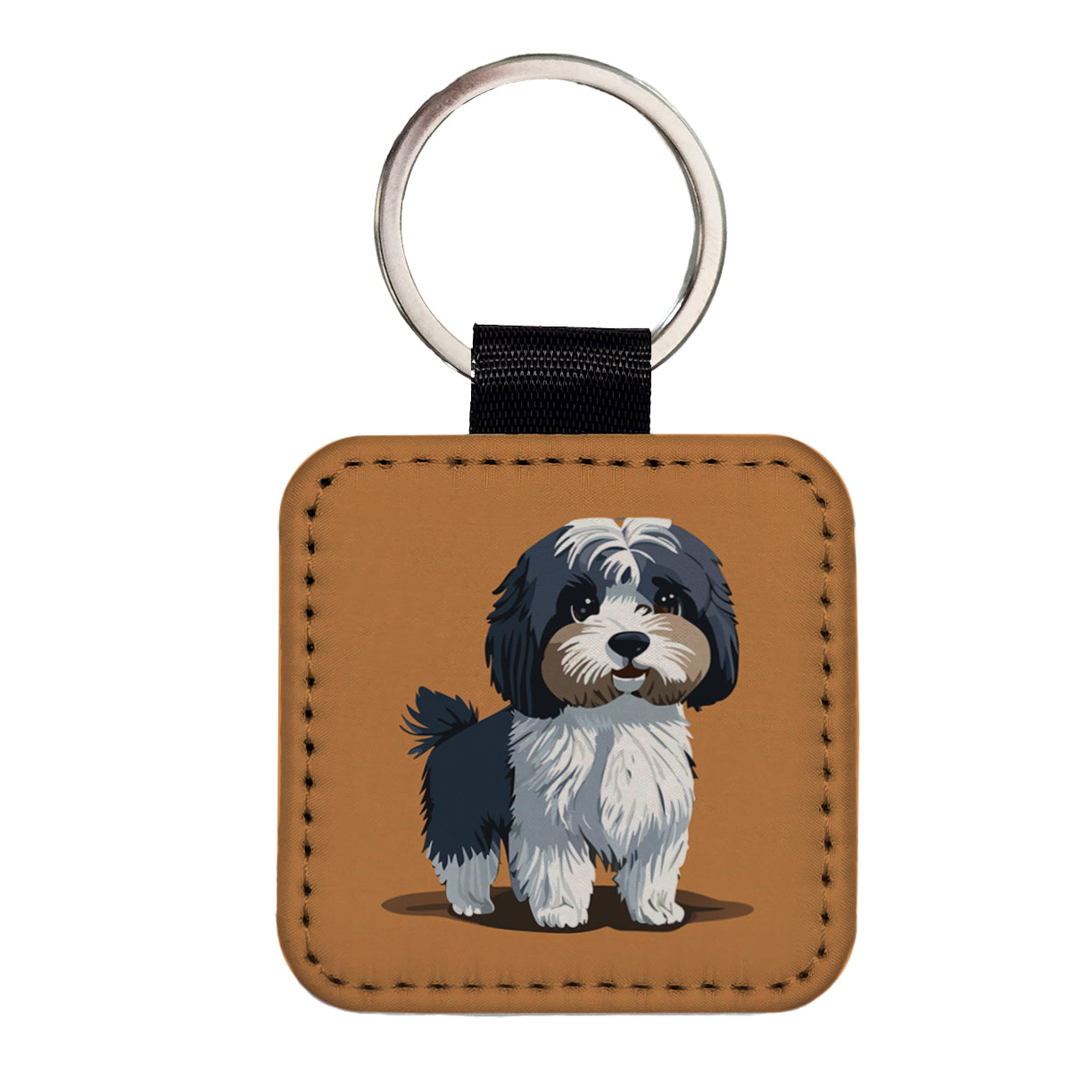 Havanese Dog Standing Square Faux Leather Keychain