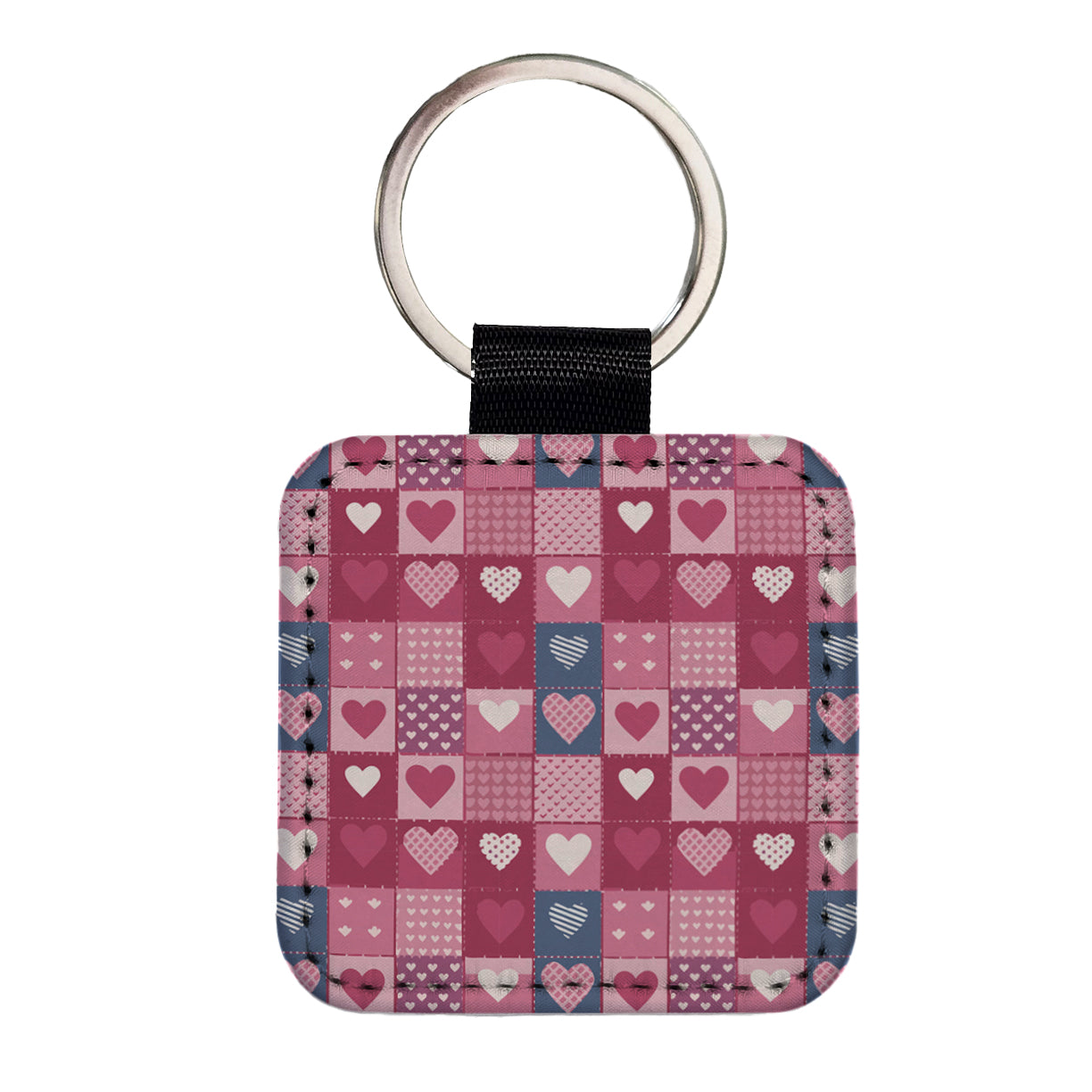Hearts Quilt Valentines Day Anniversary Love Wedding Pattern Square Faux Leather Keychain
