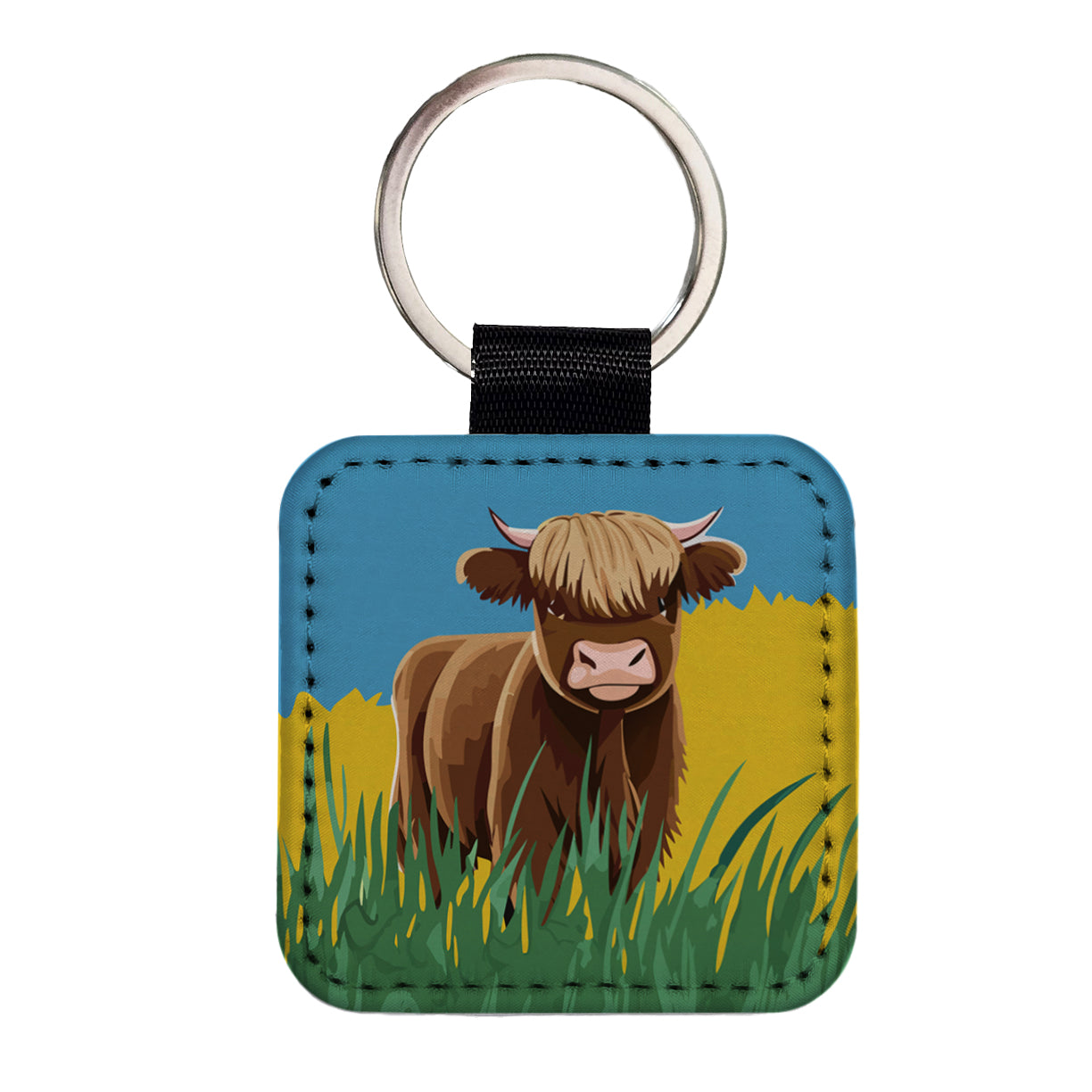 Highland Cow Scruffy Square Faux Leather Keychain