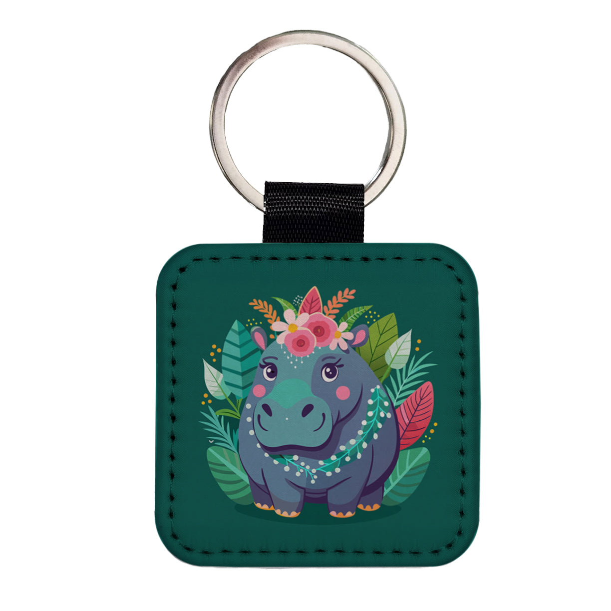 Hippopotamus Floral Flowers Square Faux Leather Keychain