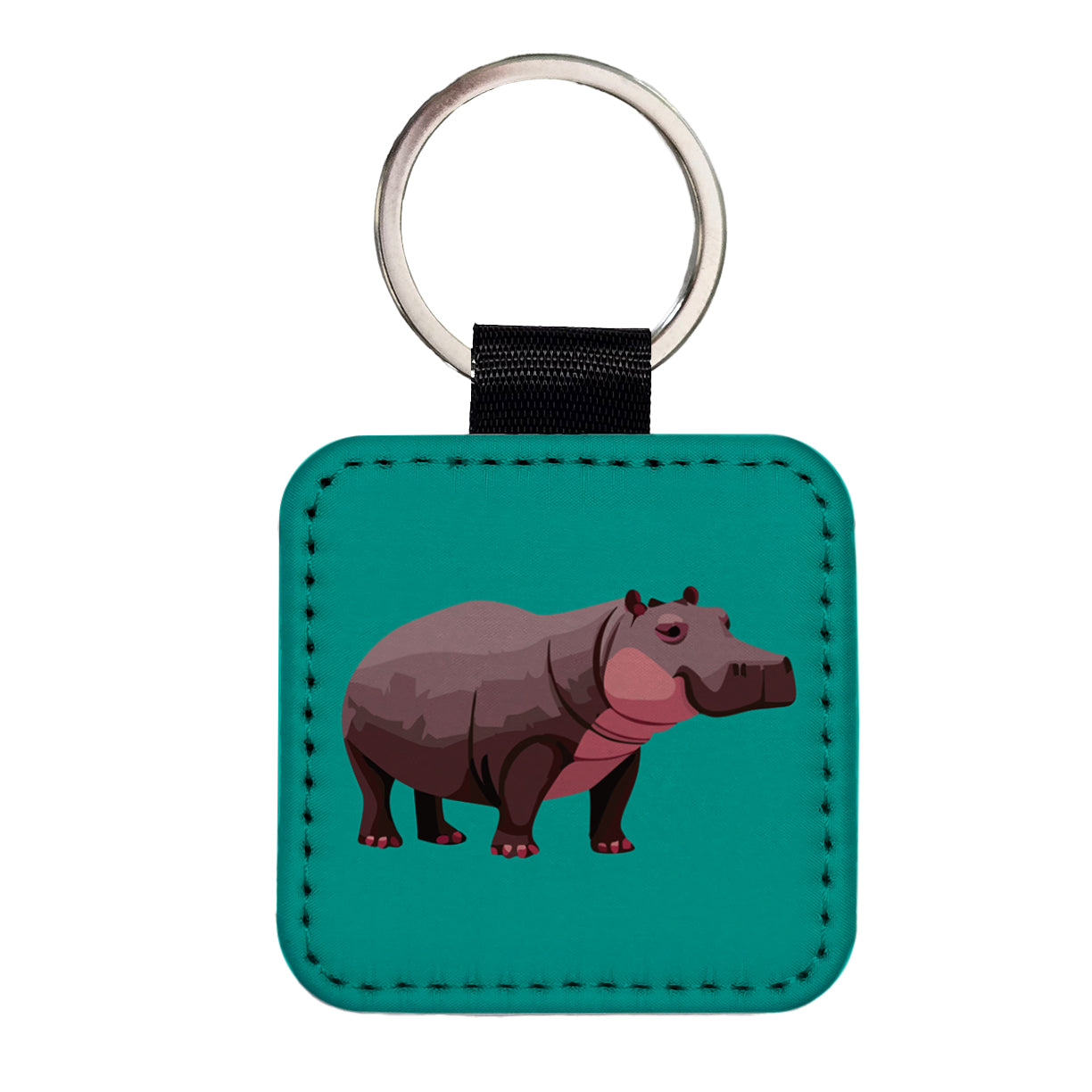 Hippopotamus Standing Square Faux Leather Keychain