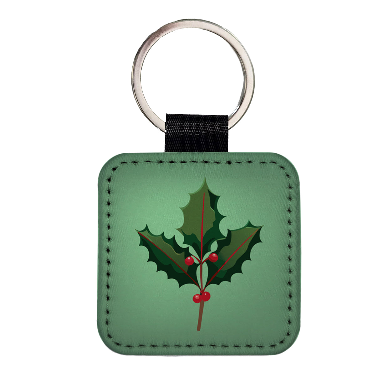 Holly Christmas Greenery Square Faux Leather Keychain