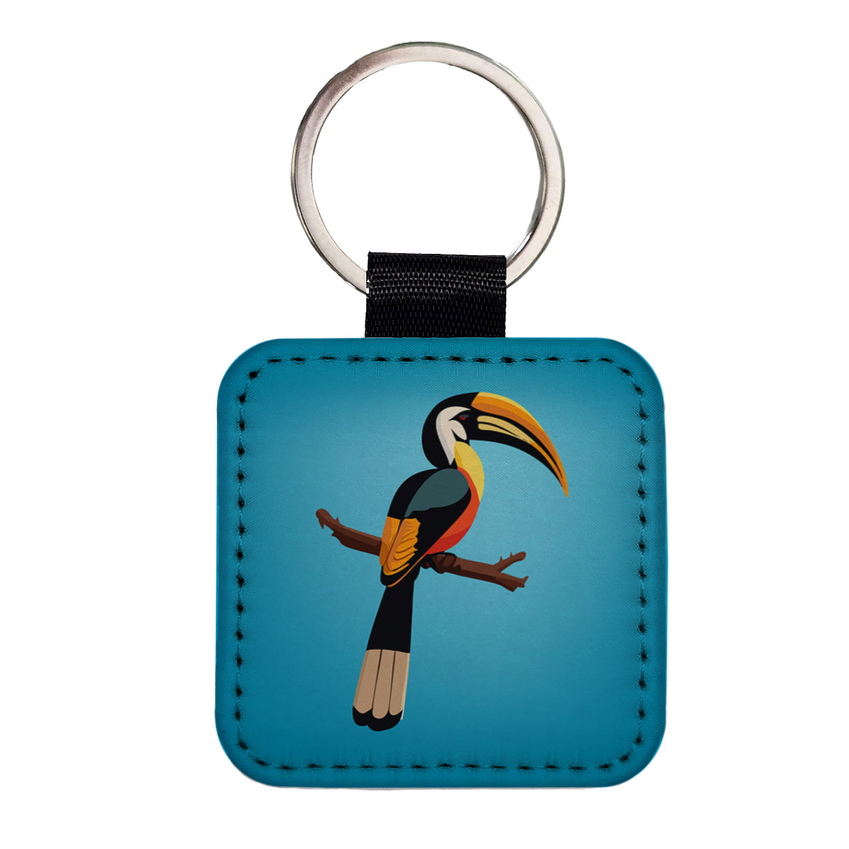 Hornbill Bird on Branch Square Faux Leather Keychain