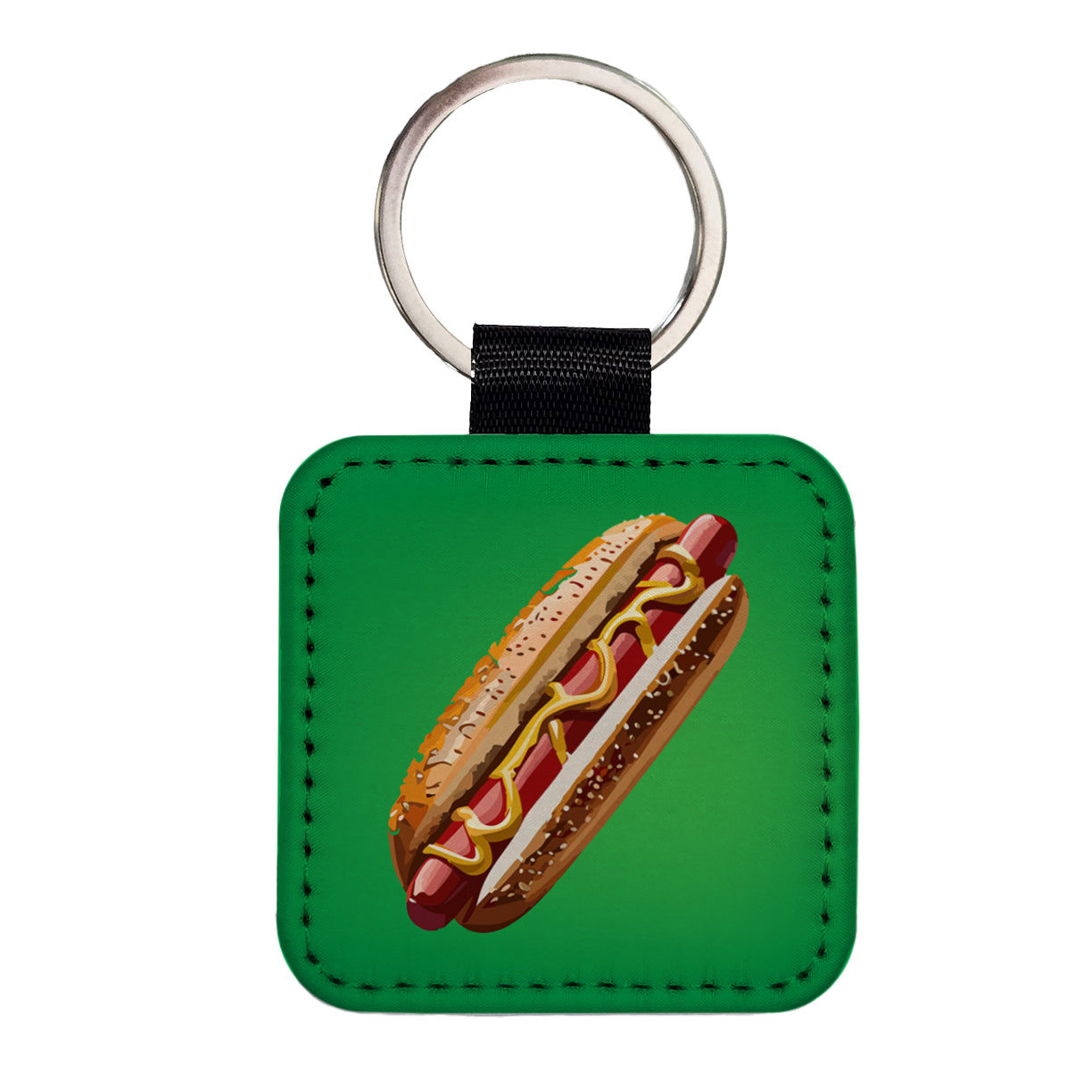 Hotdog Hot Dog Bun Mustard Square Faux Leather Keychain