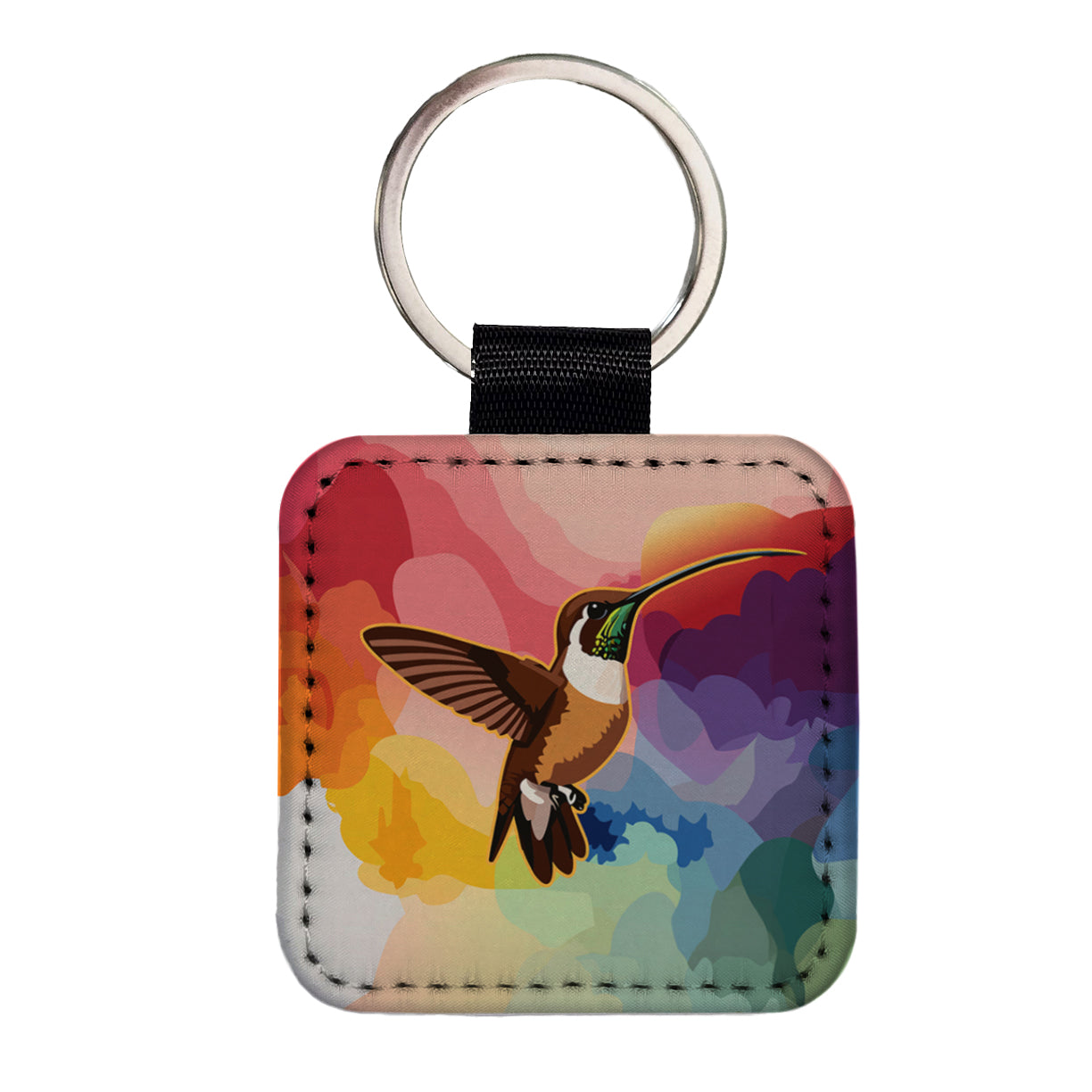 Hummingbird Brown Square Faux Leather Keychain