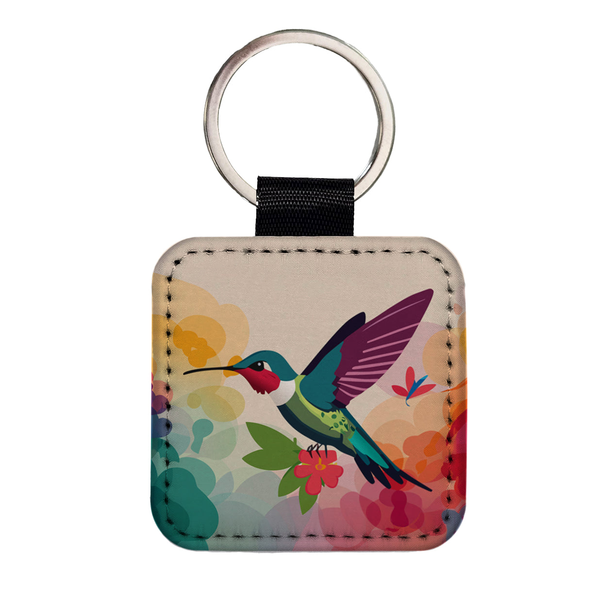 Hummingbird Colorful with Flowers Square Faux Leather Keychain